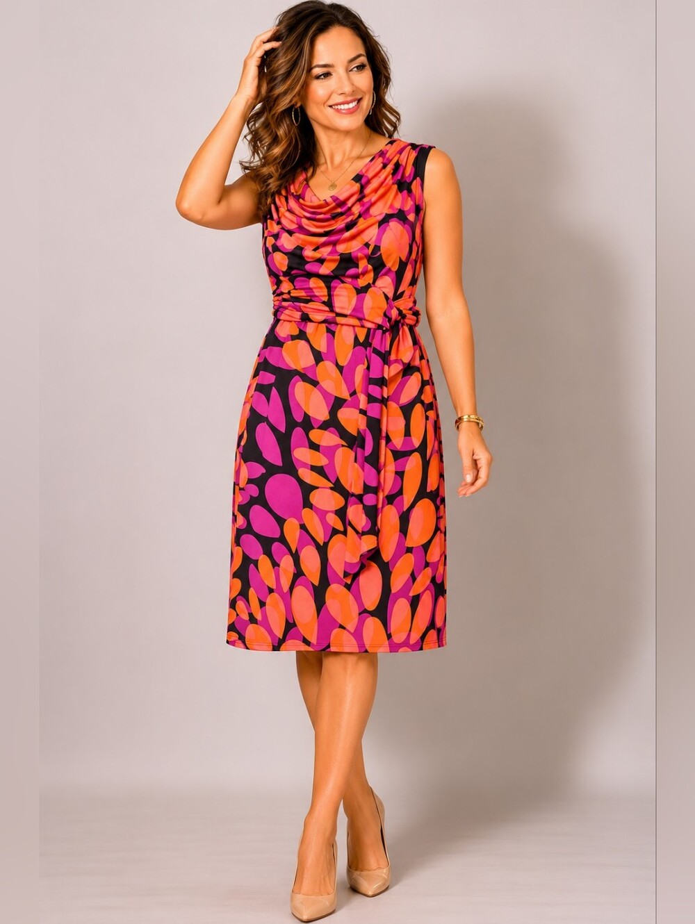 Maggy L Abstract Print Sleeveless Draped Tie Waist Dress Size 12  NWOT #1053